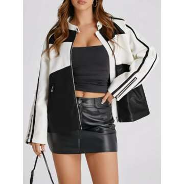 Tankaneo Womens Faux Leather Jackets Casual Oversized Zip Up Color Block Motorcycle Biker PU Coats