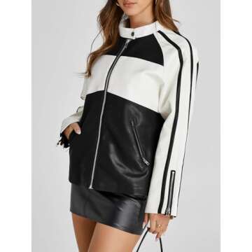 Tankaneo Womens Faux Leather Jackets Casual Oversized Zip Up Color Block Motorcycle Biker PU Coats