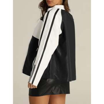 Tankaneo Womens Faux Leather Jackets Casual Oversized Zip Up Color Block Motorcycle Biker PU Coats
