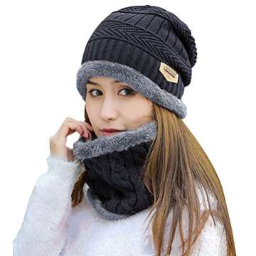 Winter Hat Scarf Gloves Slouchy Beanie Snow Knit Skull Cap Touch Screen Mittens Circle Scarves for W...