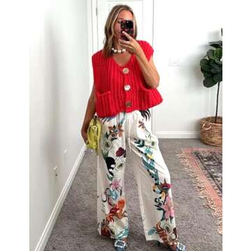 Hvewarm Womens Casual Chunky Knit Vest Gold Button Down Crop Crochet Sleeveless Sweater Vest (Red-S)