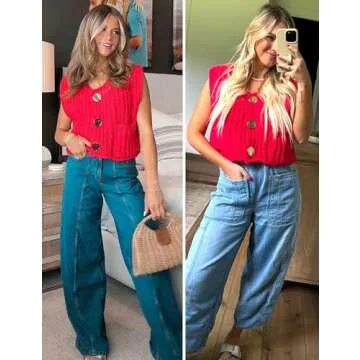 Hvewarm Womens Casual Chunky Knit Vest Gold Button Down Crop Crochet Sleeveless Sweater Vest (Red-S)