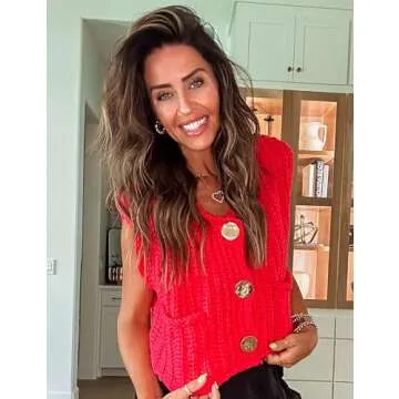 Hvewarm Womens Casual Chunky Knit Vest Gold Button Down Crop Crochet Sleeveless Sweater Vest (Red-S)