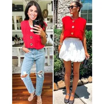 Hvewarm Womens Casual Chunky Knit Vest Gold Button Down Crop Crochet Sleeveless Sweater Vest (Red-S)