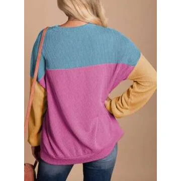 Dokotoo Womens Shirts Fall Casual Long Sleeve Crewneck Color Block Pullover Ladies Waffle Striped Kn...