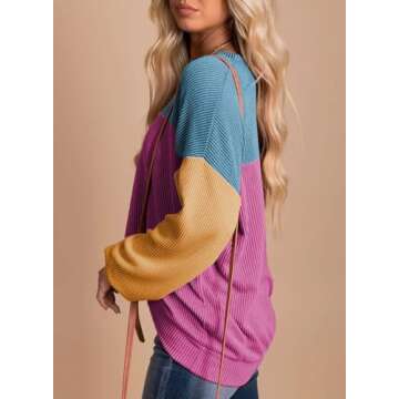 Dokotoo Womens Shirts Fall Casual Long Sleeve Crewneck Color Block Pullover Ladies Waffle Striped Knitted Tops Womens Clothes Autumn Winter Tunics Blouses Bright Pink Large