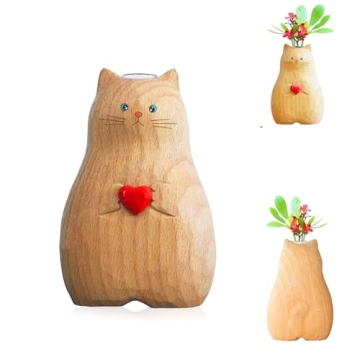 Cat Vase Handmade Wooden Vase, Home Decor Small Vases,Solid Wood Cat Statue Holding Heart Shaped,Mod...