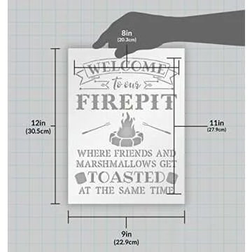 Welcome to Our Firepit Stencil by StudioR12 | Rustic and Fun - Reusable Mylar Template | Painting, Chalk, Mixed Media | Crafting, DIY Home Decor (9" x 12"))