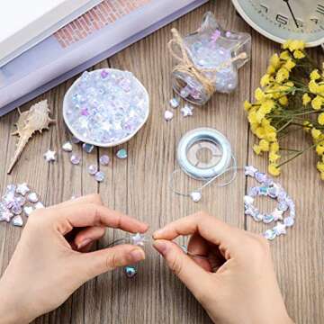 Bonuci 600 Pieces Acrylic Beads Star Round Heart Shape Charming Beads Clear Acrylic AB Beads with 11 Yards Elastic String for DIY Jewelry Craft Making Necklace Bracelet Supplies