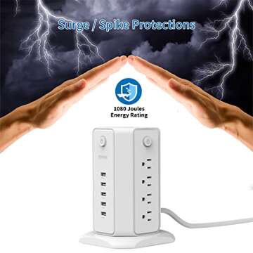 Power Strip Tower Surge Protector, NTONPOWER 8 Outlet 5 USB Desktop Charging Station 1625W 13A, 6ft Extension Cord Flat Plug, Individual Switches, 1080 Joules, Overload Protection for Home Office