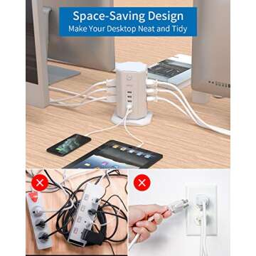 Power Strip Tower Surge Protector, NTONPOWER 8 Outlet 5 USB Desktop Charging Station 1625W 13A, 6ft Extension Cord Flat Plug, Individual Switches, 1080 Joules, Overload Protection for Home Office