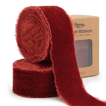 Keypan Rust Red Velvet Ribbon 1-1/2 Inch x 6 Yd Handmade Frayed Vintage Ribbons for Christmas Tree H...