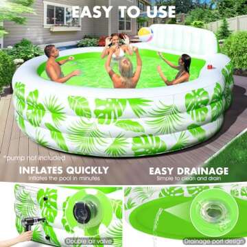 Inflatable Pool with Pool Lights, Oversized Thickened Blow Up Pool with Seat, Family Inflatable Pool for Audlts, 90"x90"x24" Large Inflatable Kids Pools for Backyard, Kiddie Pool Outdoor