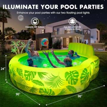 Inflatable Pool with Pool Lights, Oversized Thickened Blow Up Pool with Seat, Family Inflatable Pool for Audlts, 90"x90"x24" Large Inflatable Kids Pools for Backyard, Kiddie Pool Outdoor