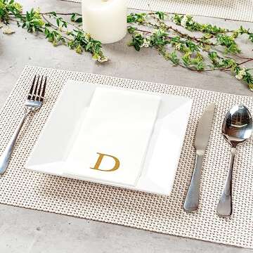 Luxenap 15.8 X 7.9 Inch Linen-Feel Guest Towels, 50 Lettered Hand Towels - Gold Letter 'D', Sans Serif Font, White Paper Dinner Napkins, airlaid, For Restrooms And Tables - Restaurantware