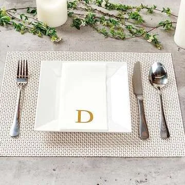 Luxenap 15.8 X 7.9 Inch Linen-Feel Guest Towels, 50 Lettered Hand Towels - Gold Letter 'D', Sans Serif Font, White Paper Dinner Napkins, airlaid, For Restrooms And Tables - Restaurantware