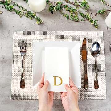 Luxenap 15.8 X 7.9 Inch Linen-Feel Guest Towels, 50 Lettered Hand Towels - Gold Letter 'D', Sans Serif Font, White Paper Dinner Napkins, airlaid, For Restrooms And Tables - Restaurantware