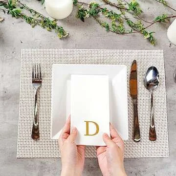Luxenap 15.8 X 7.9 Inch Linen-Feel Guest Towels, 50 Lettered Hand Towels - Gold Letter 'D', Sans Serif Font, White Paper Dinner Napkins, airlaid, For Restrooms And Tables - Restaurantware