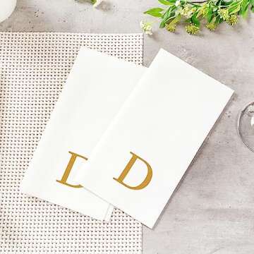Luxenap 15.8 X 7.9 Inch Linen-Feel Guest Towels, 50 Lettered Hand Towels - Gold Letter 'D', Sans Serif Font, White Paper Dinner Napkins, airlaid, For Restrooms And Tables - Restaurantware