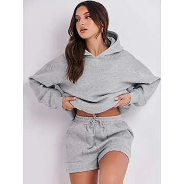 ANRABESS Women 2 Piece Outfit Oversized Hoodie Sweatshirt Shorts Lounge Sweat Set Sweatsuit Tracksuit 2025 Trendy Y2K Clothes Light Grey Small