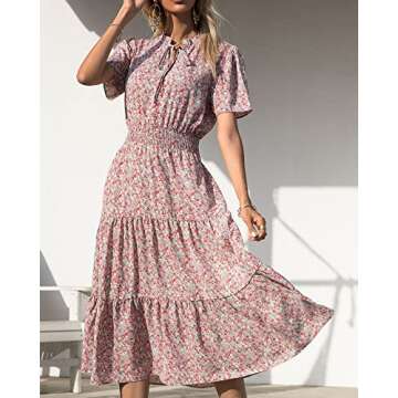 BTFBM Women's Summer Casual Boho Dress - Floral Print Tie V Neck Short Sleeve A-Line Dress