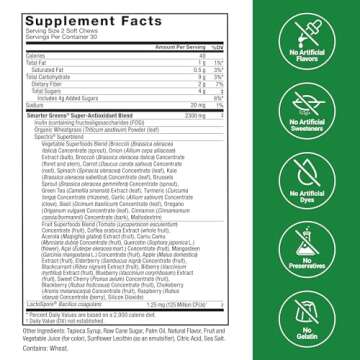 FORCE FACTOR Smarter Greens Superfood Chews, Greens and Superfoods with Probiotics, Antioxidants, and Fiber, Greens Supplement to Support Digestion, Nitric Oxide, and Energy, 60 Soft Chews