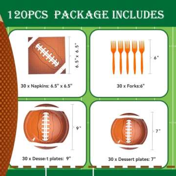 LMJUNZZ 120 Pcs Football Party Supplies Bundle Paper Plates Napkins Forks Football Party Birthday De...