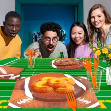 LMJUNZZ 120 Pcs Football Party Supplies Bundle Paper Plates Napkins Forks Football Party Birthday Decorations For Kids Serves 30