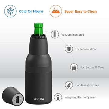 Asobu Frosty Beer Holder 2 Go Vacuum Insulated Double Walled Stainless Steel Beer Can and Bottle Cooler with Beer Opener Eco Friendly and Bpa Free (Black)