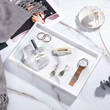 Luxspire Vanity Tray, Bathroom Tray Toilet Tank Storage Tray, Resin Kitchen Sink Serving Trays, Vanity Countertop Organizer for Candles Towel Perfume Holder Dish, Marble Style -Large- Gravel White