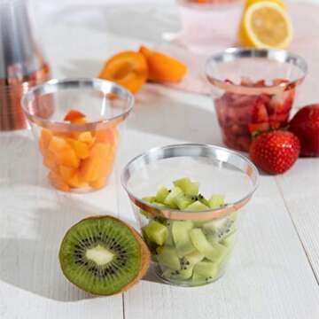 PLASTICPRO 9 oz Disposable Plastic Party Cups,Old fashioned Designed Tumblers, Crystal Clear (Clear With Rose Gold Rim, 100)