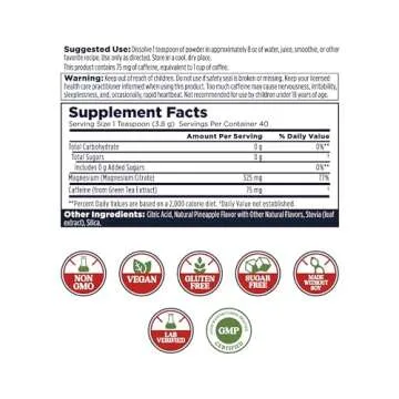 KAL Energy Magnesium Powder Drink - Pineapple Flavor with Green Tea Caffeine, Sugar Free, 40 Serving...