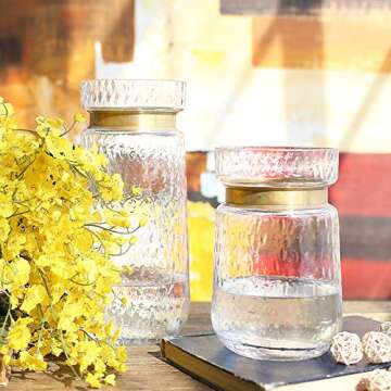 Vases Cylinder Clear Hammered Glass Flower Arrangement Vase Retro Rusty Brass Gold Band Decor Dining...
