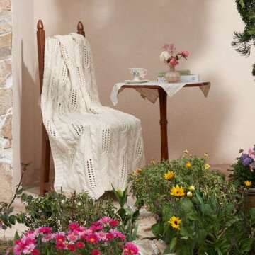 Amélie Home White Cable Knit Throw Blankets Soft Cozy Lightweight and Breathable Hollow Out Knit Throw Blankets for Spring Summer Chunky Wool Farmhouse Knitted Throw for Couch Sofa Bedroom 50'' x 60''