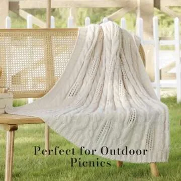 Amélie Home White Cable Knit Throw Blankets Soft Cozy Lightweight and Breathable Hollow Out Knit Throw Blankets for Spring Summer Chunky Wool Farmhouse Knitted Throw for Couch Sofa Bedroom 50'' x 60''