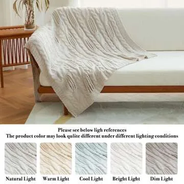 Amélie Home White Cable Knit Throw Blankets Soft Cozy Lightweight and Breathable Hollow Out Knit Throw Blankets for Spring Summer Chunky Wool Farmhouse Knitted Throw for Couch Sofa Bedroom 50'' x 60''