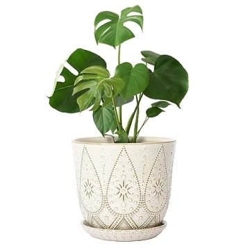 Gepege 10 Inch Plant Pot, Creamy White Ceramic Planter with Drainage Holes and Saucers for Indoor an...