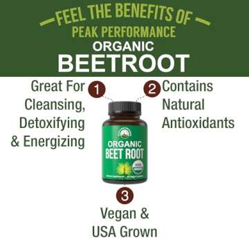 USDA Organic Beet Root Vegan Capsules. Beets Juice Powder Super Food Pills 1200 mg. Nitric Oxide Ene...