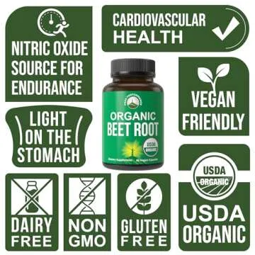 USDA Organic Beet Root Vegan Capsules. Beets Juice Powder Super Food Pills 1200 mg. Nitric Oxide Energy Boosting Beetroot Extract Capsules. Polyphenol Support Supplement for Women and Men