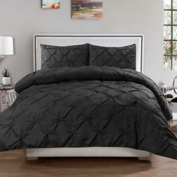 Sweet Home Collection 3 Piece Luxury Pinch Pleat Pintuck Fashion Duvet Set, Queen, Black