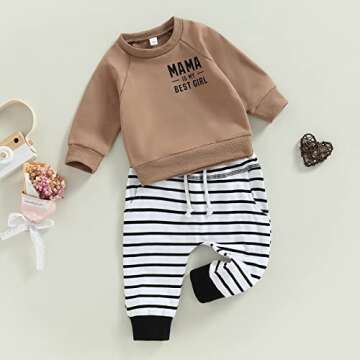 2Pcs Toddler Baby Boy Fall Winter Outfit Letters Print Crewneck Pullover Sweatshirt Tops Striped Pan...