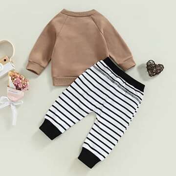 2Pcs Toddler Baby Boy Fall Winter Outfit Letters Print Crewneck Pullover Sweatshirt Tops Striped Pants Casual Clothes Set (Brown, 18-24 Months)