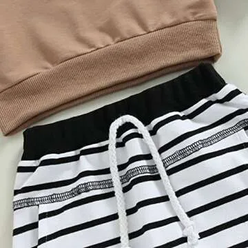2Pcs Toddler Baby Boy Fall Winter Outfit Letters Print Crewneck Pullover Sweatshirt Tops Striped Pants Casual Clothes Set (Brown, 18-24 Months)
