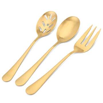 Matte Gold Serving Set，SHARECOOK 5-Piece 18/0 Stainless Steel Large Hostess Set with Round Edge, Satin Finished, Dishwasher Safe -Spoons, Forks,Butter Knife& Slotted Spoon