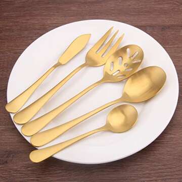 Matte Gold Serving Set，SHARECOOK 5-Piece 18/0 Stainless Steel Large Hostess Set with Round Edge, Satin Finished, Dishwasher Safe -Spoons, Forks,Butter Knife& Slotted Spoon