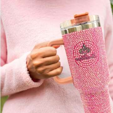 LUXBLINGZ 40 Oz Tumbler with Larger Deluxe Rhinestones Stainless Vacummed Insulated Cup W/Handle, Li...