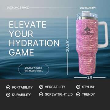 LUXBLINGZ 40 Oz Tumbler with Larger Deluxe Rhinestones Stainless Vacummed Insulated Cup W/Handle, Lid, & Straw, Travel Mug, Reusable Water Bottle, Pink