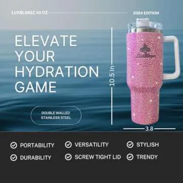 LUXBLINGZ 40 Oz Tumbler with Larger Deluxe Rhinestones Stainless Vacummed Insulated Cup W/Handle, Lid, & Straw, Travel Mug, Reusable Water Bottle, Pink