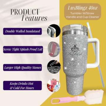 LUXBLINGZ 40 Oz Tumbler with Larger Deluxe Rhinestones Stainless Vacummed Insulated Cup W/Handle, Lid, & Straw, Travel Mug, Reusable Water Bottle, Pink