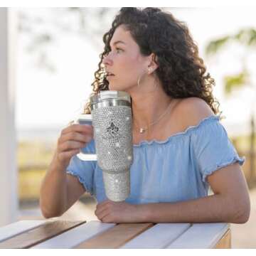 LUXBLINGZ 40 Oz Tumbler with Larger Deluxe Rhinestones Stainless Vacummed Insulated Cup W/Handle, Lid, & Straw, Travel Mug, Reusable Water Bottle, Pink